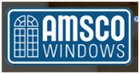 A blue and white sign that says amsco windows.
